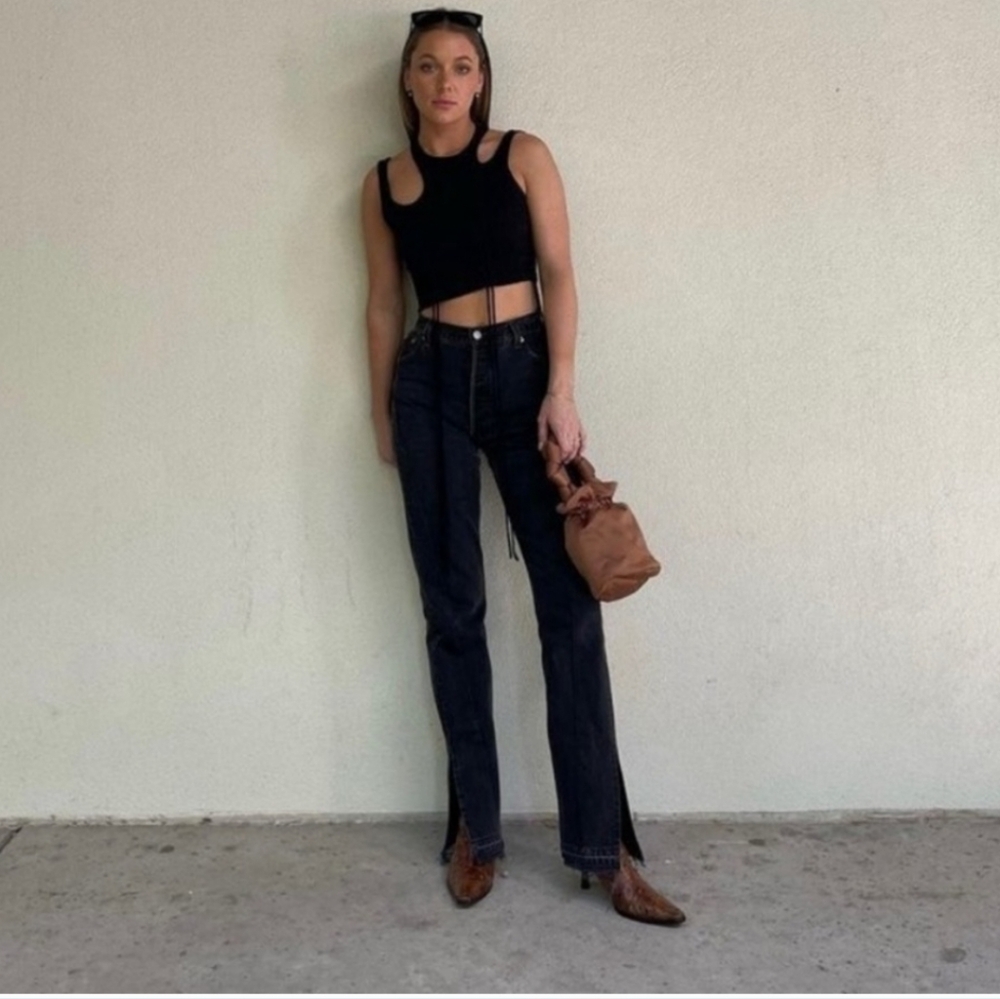 EB Denim Unraveled Black Washed Spilt Hem High Rise Size 30 Button Fly New - Picture 10 of 10